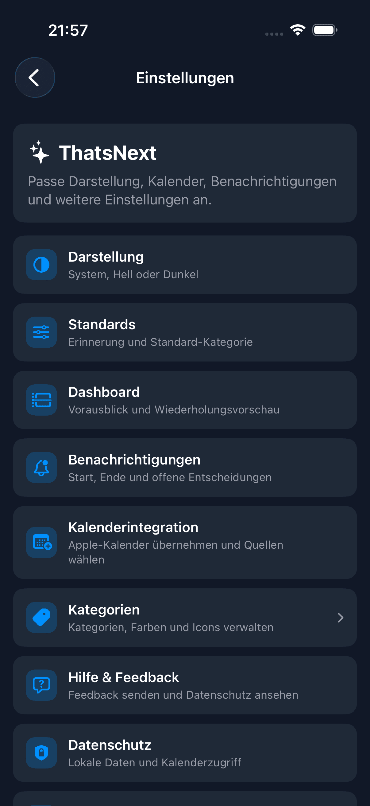 ThatsNext settings screen in dark mode